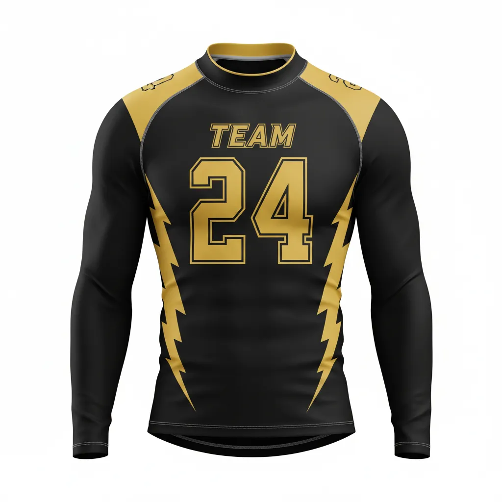 Custom Football Compression Shirt - Black, Gold - Compression Top Vegas Lightning Bolt - Front View - HAMCO Sports Inc.