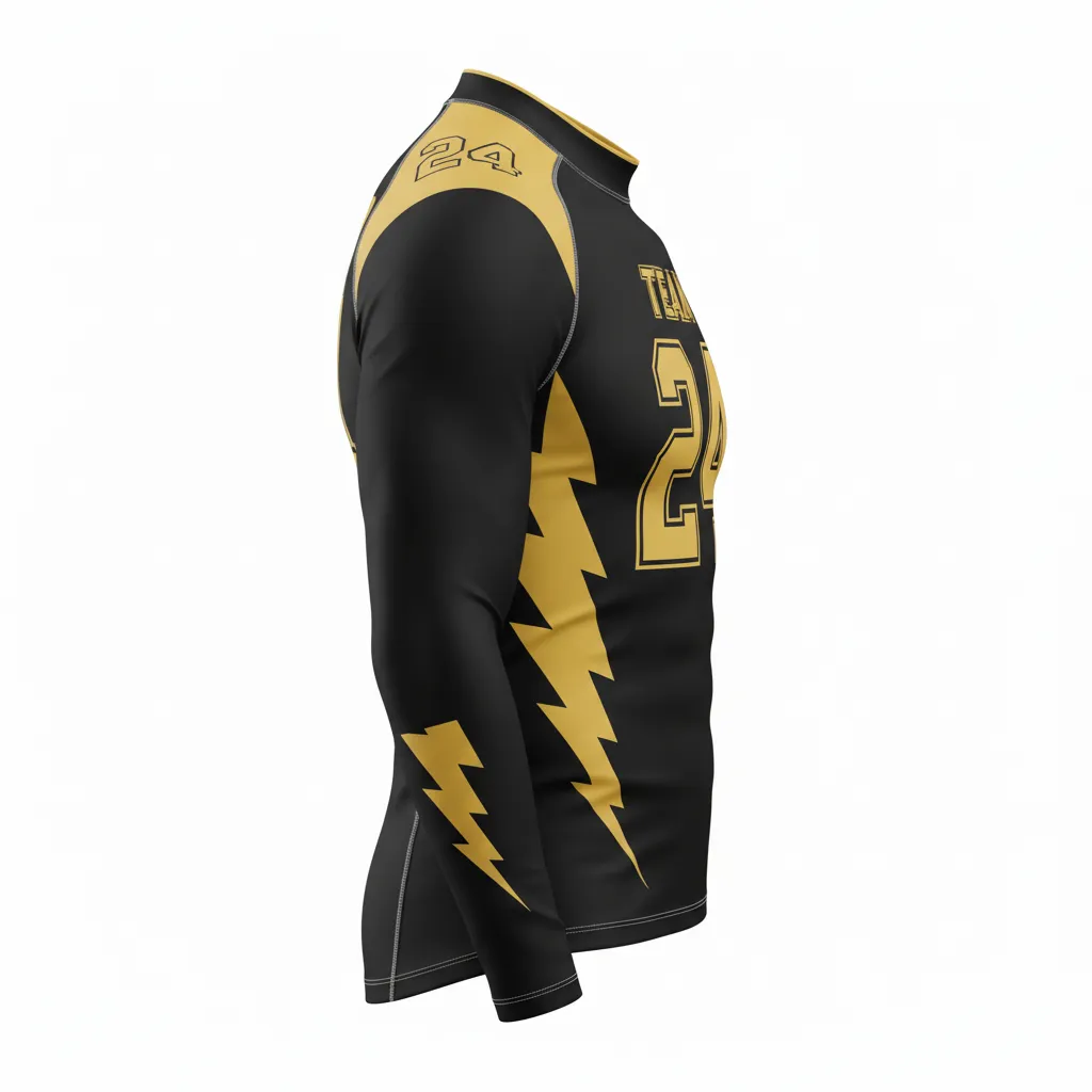 Custom Football Compression Shirt - Black, Gold - Compression Top Vegas Lightning Bolt - Side View - HAMCO Sports Inc.
