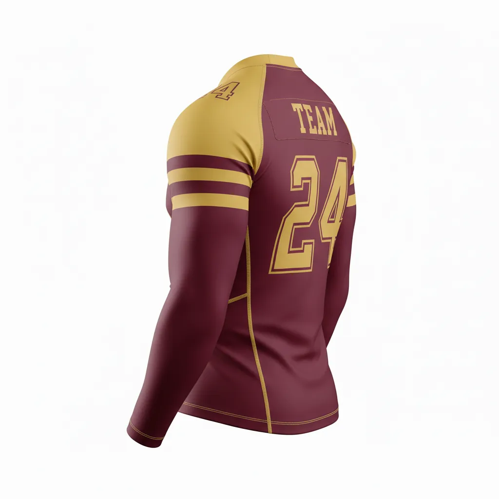 Custom Football Compression Shirt - Burgundy, Gold - Compression Top Vegas Triple Stripe - Back View - HAMCO Sports Inc.
