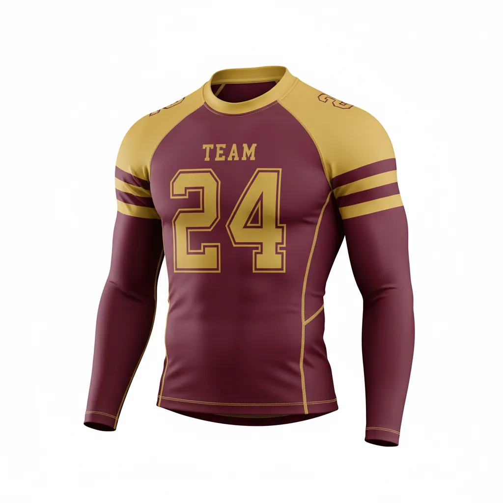 Custom Football Compression Shirt - Burgundy, Gold - Compression Top Vegas Triple Stripe - Front View - HAMCO Sports Inc.