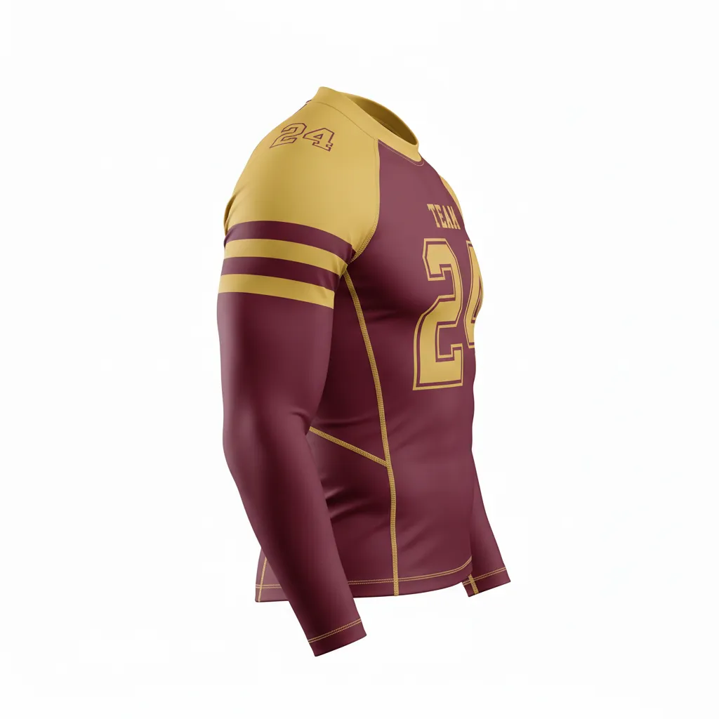 Custom Football Compression Shirt - Burgundy, Gold - Compression Top Vegas Triple Stripe - Side View - HAMCO Sports Inc.
