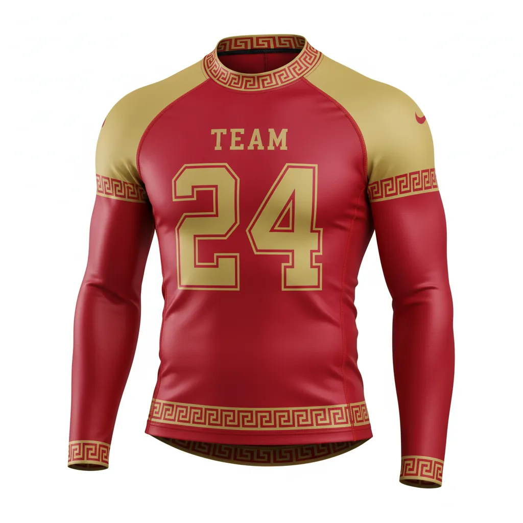 Custom Football Compression Shirt - Gold - Compression Top Cardinal Vegas Greek Key - Front View - HAMCO Sports Inc.