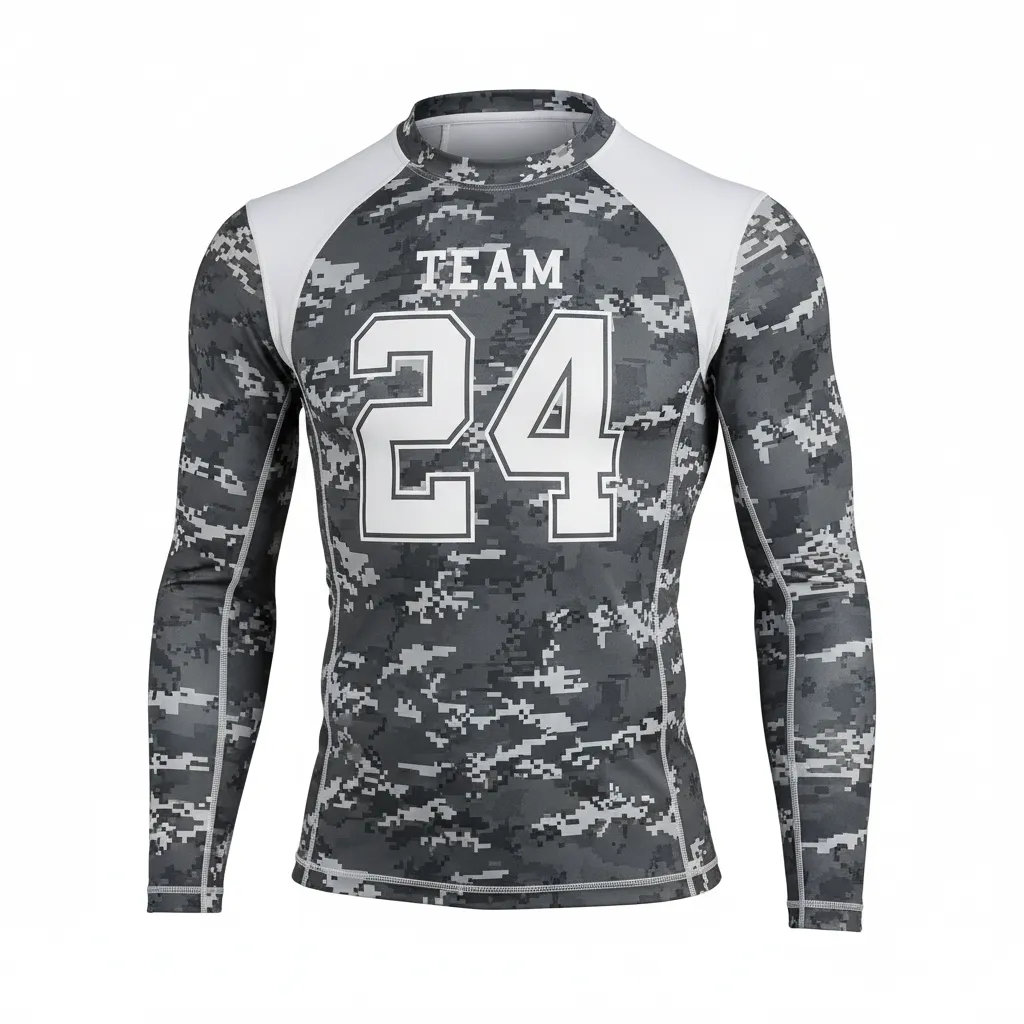 Custom Football Compression Shirt - White - Compression Top Charcoal Digital Camo - Front View - HAMCO Sports Inc.