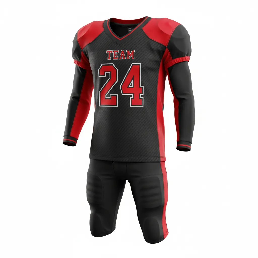 Custom Football Custom Football Uniforms Product - Black, Red - Uniform Carbon Fiber - Front View - HAMCO Sports Inc.