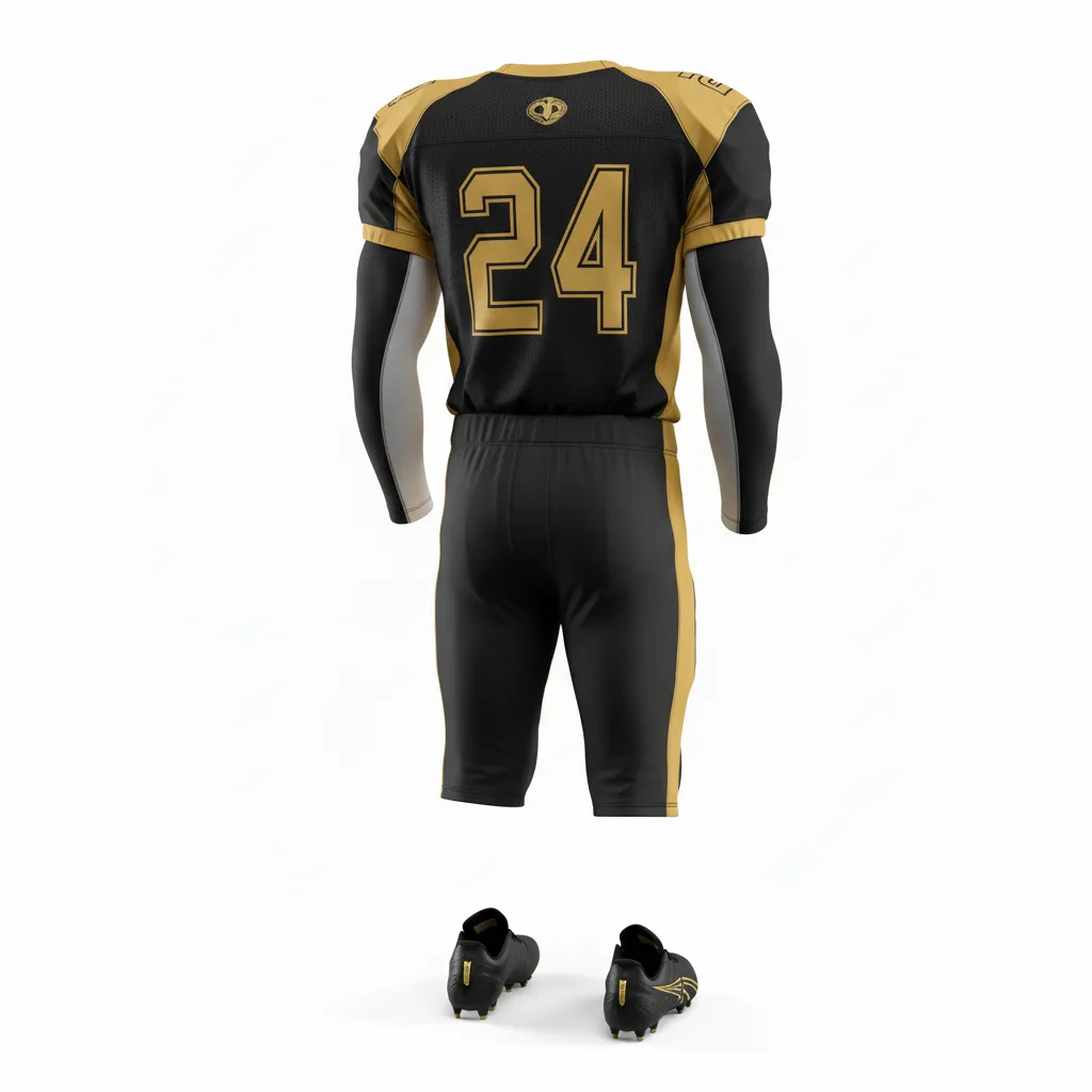 Custom Football Custom Football Uniforms Product - Black, Gold - Uniform Vegas Shoulder Hem Stripe - Back View - HAMCO Sports Inc.