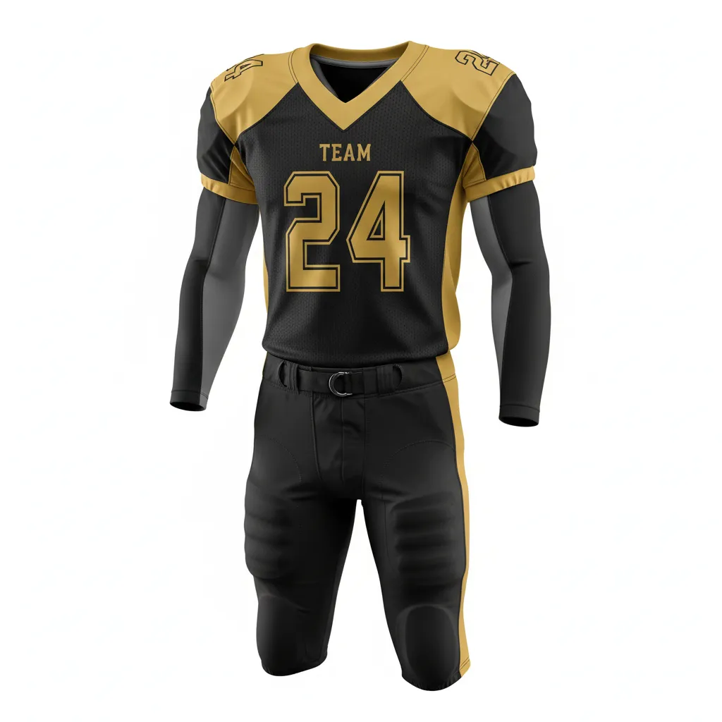 Custom Football Custom Football Uniforms Product - Black, Gold - Uniform Vegas Shoulder Hem Stripe - Front View - HAMCO Sports Inc.