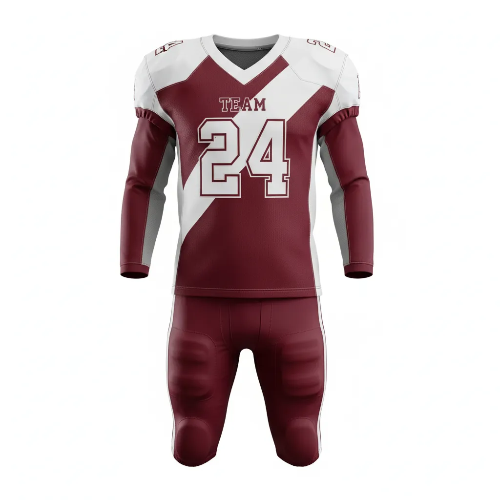 Custom Football Custom Football Uniforms Product - Burgundy, White - Uniform Diagonal Stripe - Front View - HAMCO Sports Inc.
