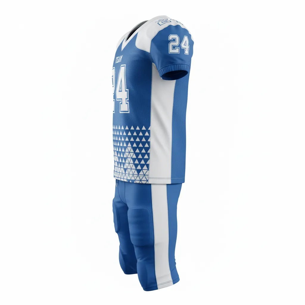 Custom Football Custom Football Uniforms Product - Blue, White - Uniform Columbia Geometric Triangles - Side View - HAMCO Sports Inc.