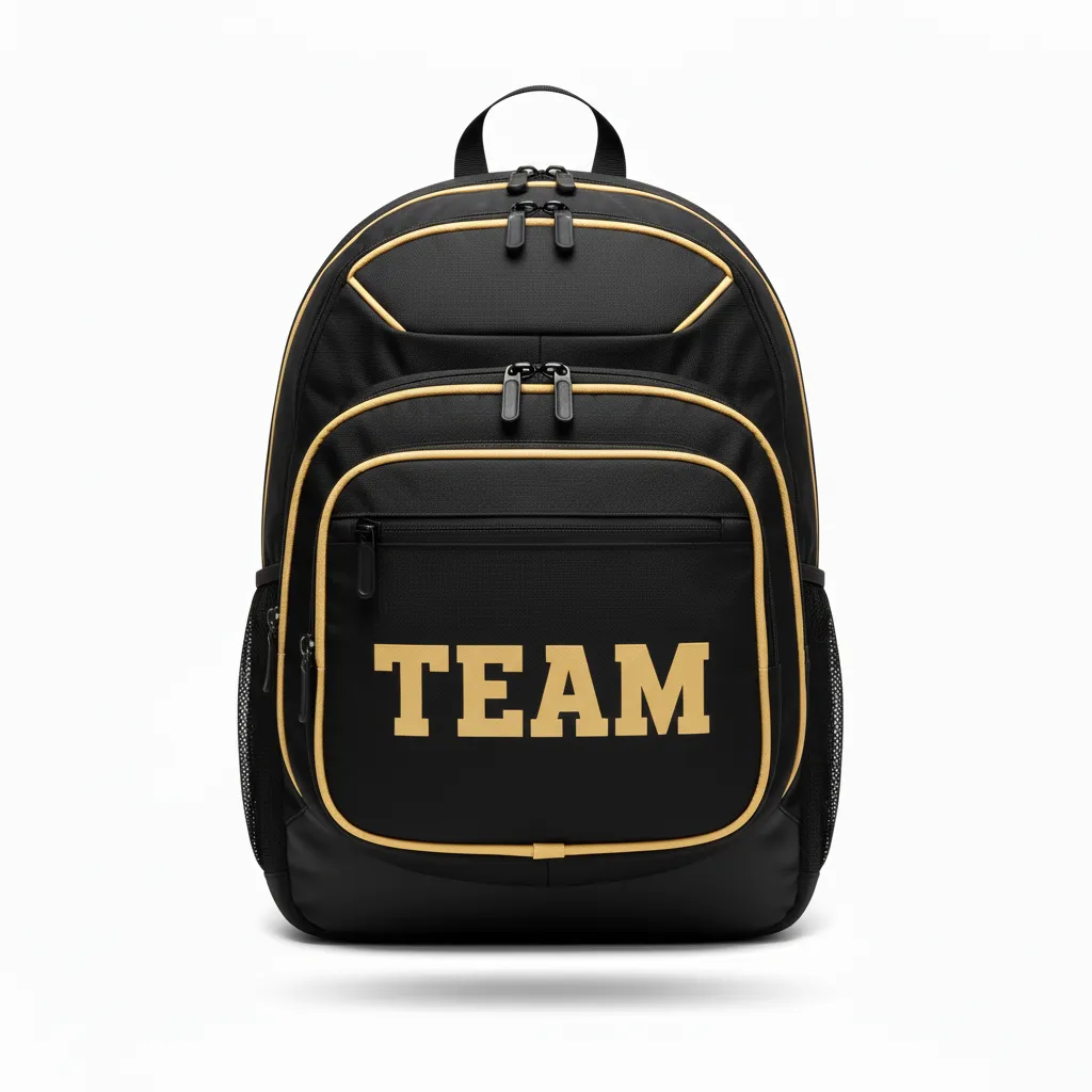Custom Football Duffle Bag - Black, Gold - Backpack Vegas Side Panel - Front View - HAMCO Sports Inc.