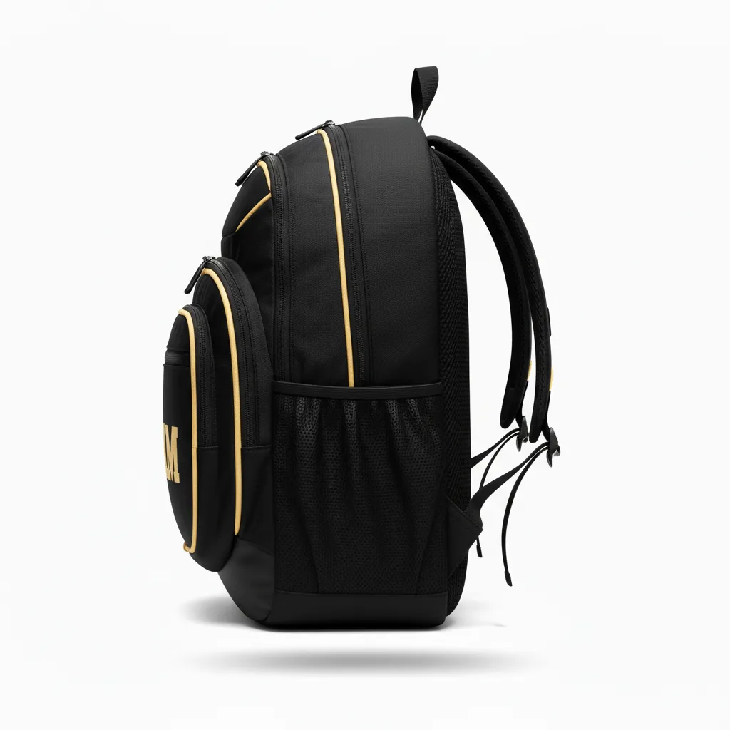 Custom Football Duffle Bag - Black, Gold - Backpack Vegas Side Panel - Side View - HAMCO Sports Inc.