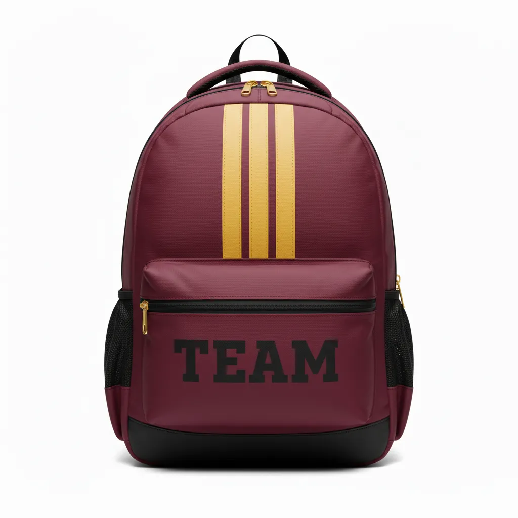 Custom Football Duffle Bag - Burgundy, Gold - Backpack Vegas Triple Stripe - Front View - HAMCO Sports Inc.