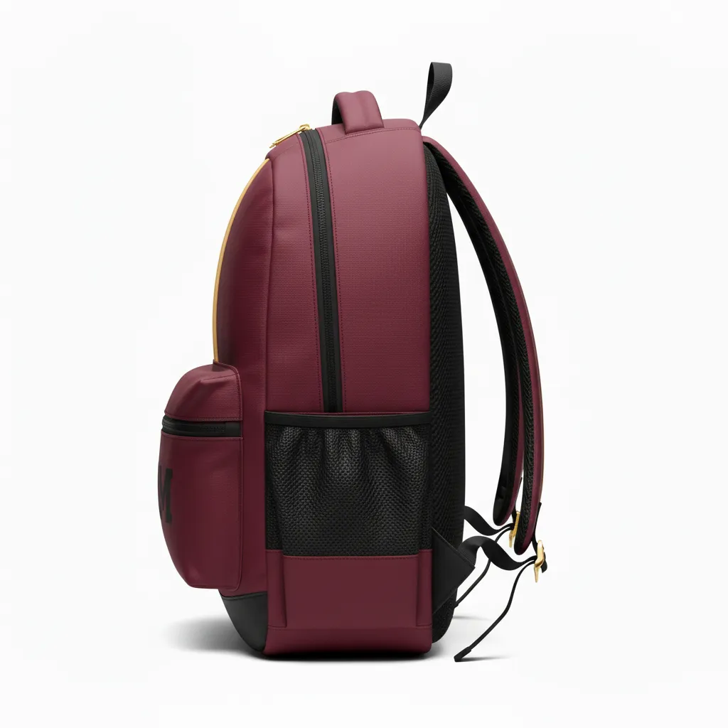 Custom Football Duffle Bag - Burgundy, Gold - Backpack Vegas Triple Stripe - Side View - HAMCO Sports Inc.