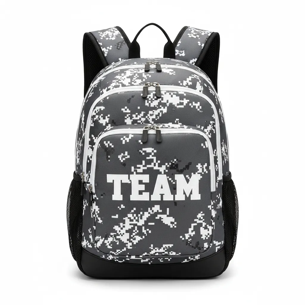 Custom Football Duffle Bag - White - Backpack Charcoal Digital Camo - Front View - HAMCO Sports Inc.