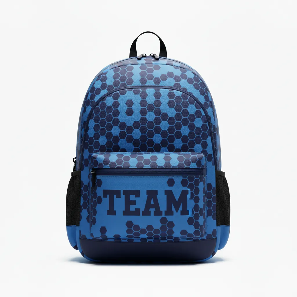 Custom Football Duffle Bag - Blue, Navy - Backpack Columbia Hexagon - Front View - HAMCO Sports Inc.