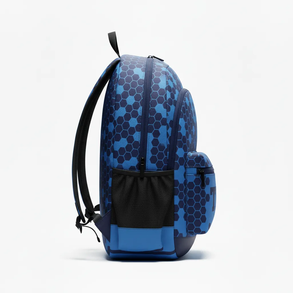 Custom Football Duffle Bag - Blue, Navy - Backpack Columbia Hexagon - Side View - HAMCO Sports Inc.
