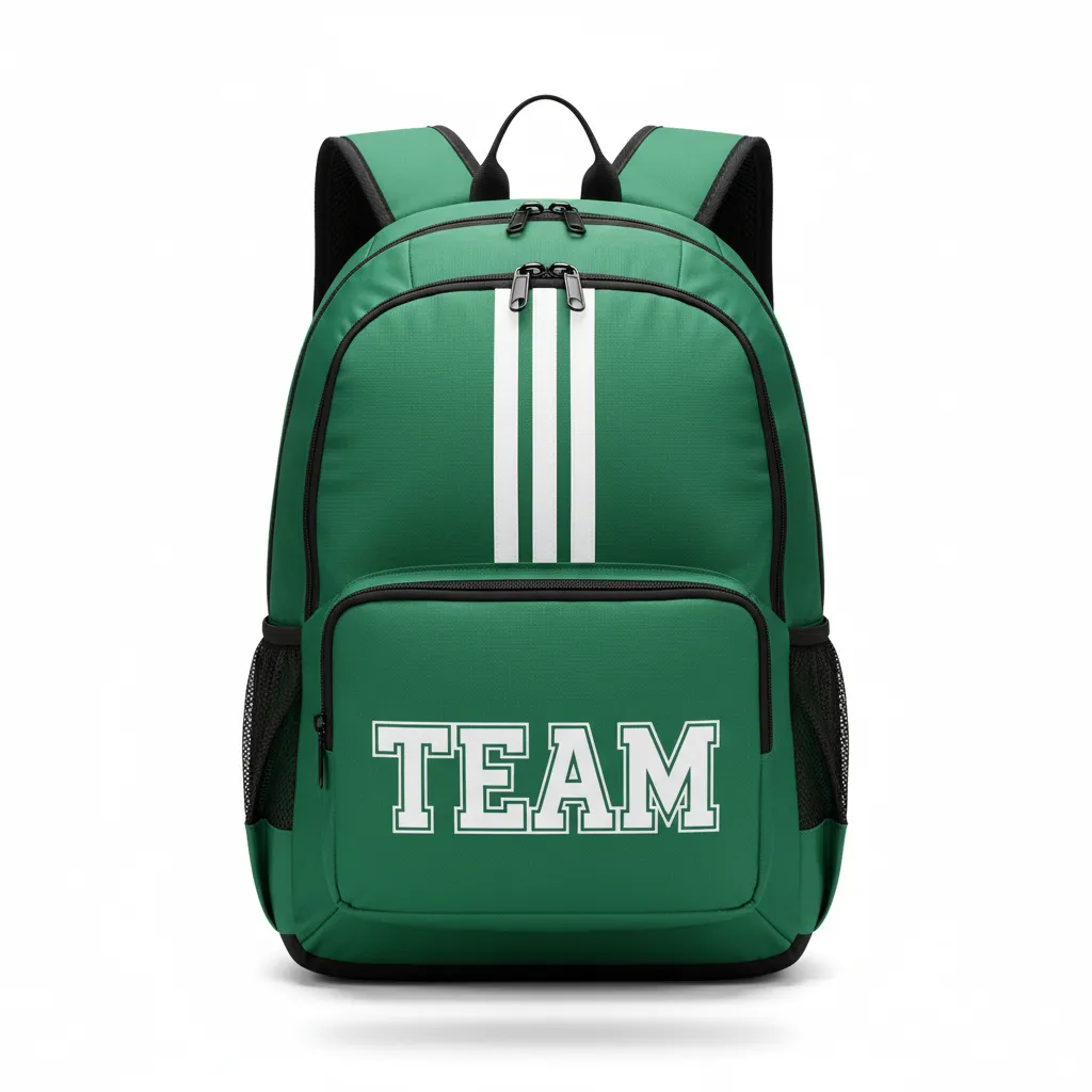 Custom Football Duffle Bag - Green, White - Backpack Forest Triple Stripe - Front View - HAMCO Sports Inc.