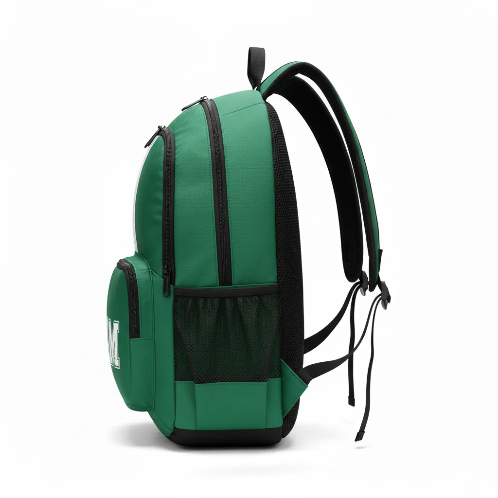 Custom Football Duffle Bag - Green, White - Backpack Forest Triple Stripe - Side View - HAMCO Sports Inc.