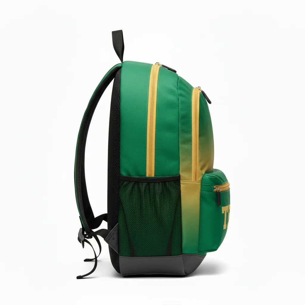 Custom Football Duffle Bag - Green, Gold - Backpack Kelly Vegas Shoulder Fade - Side View - HAMCO Sports Inc.