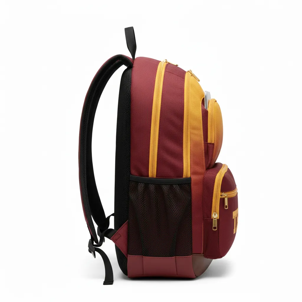 Custom Football Duffle Bag - Gold - Backpack Maroon Vegas Gradient - Side View - HAMCO Sports Inc.