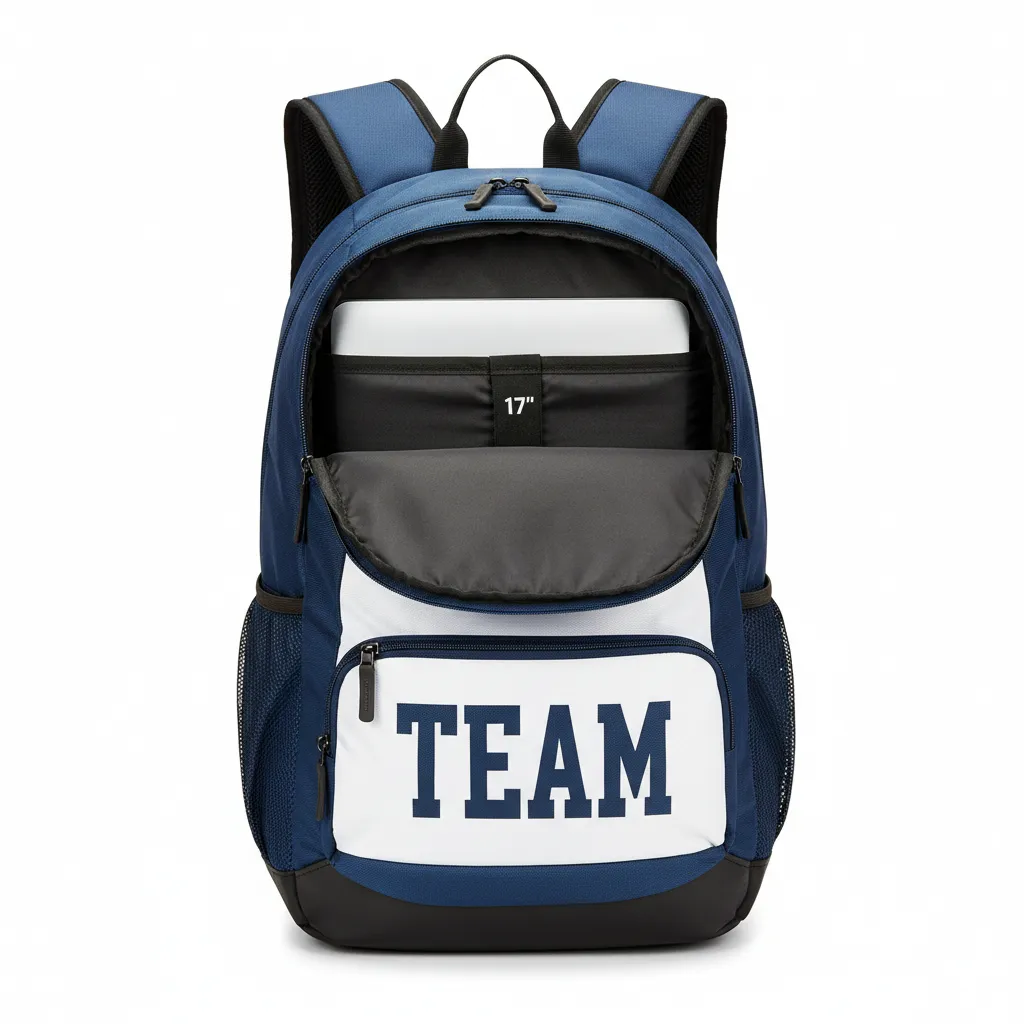 Custom Football Duffle Bag - Navy, White - Backpack Shoulder Yoke - Front View - HAMCO Sports Inc.