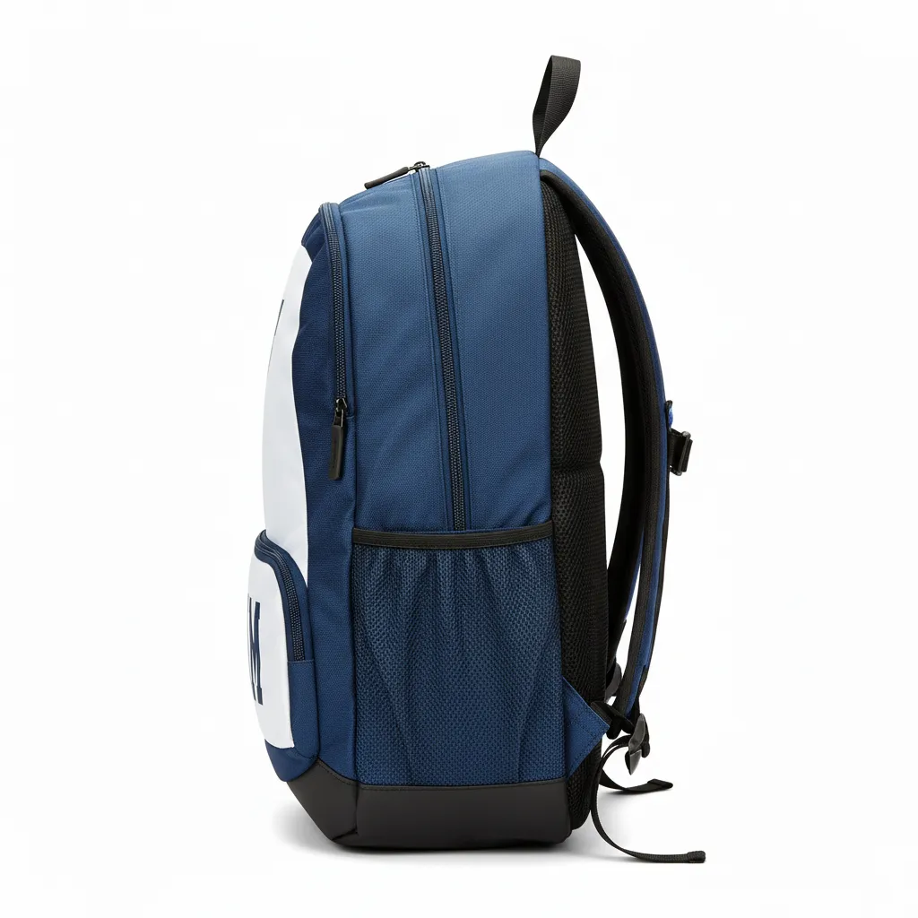 Custom Football Duffle Bag - Navy, White - Backpack Shoulder Yoke - Side View - HAMCO Sports Inc.