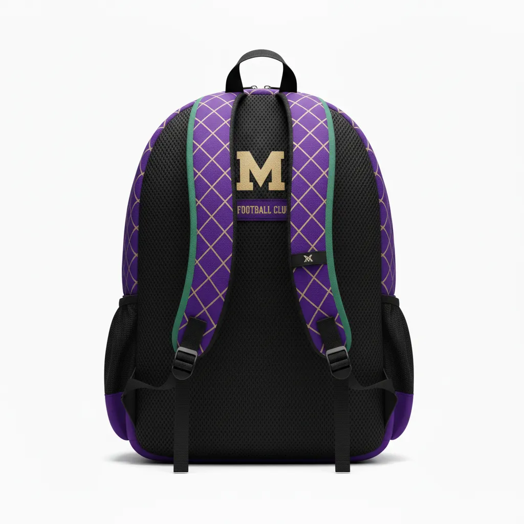 Custom Football Duffle Bag - Purple, Gold - Backpack Vegas Diamond Grid - Back View - HAMCO Sports Inc.