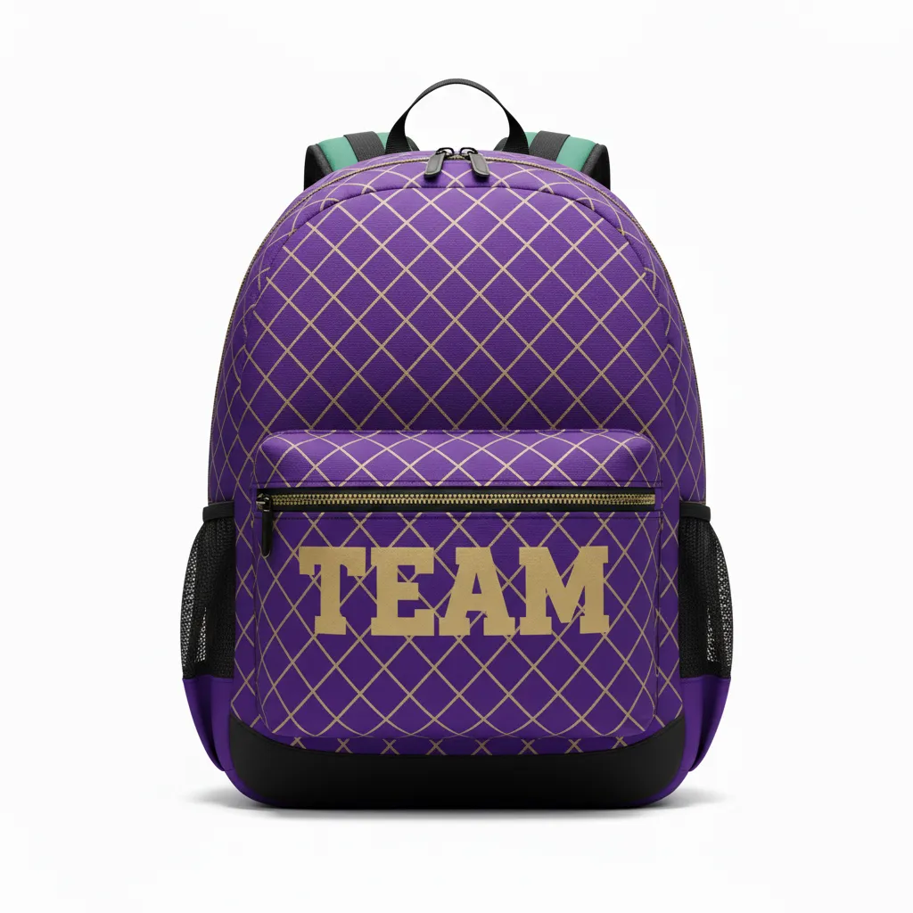 Custom Football Duffle Bag - Purple, Gold - Backpack Vegas Diamond Grid - Front View - HAMCO Sports Inc.