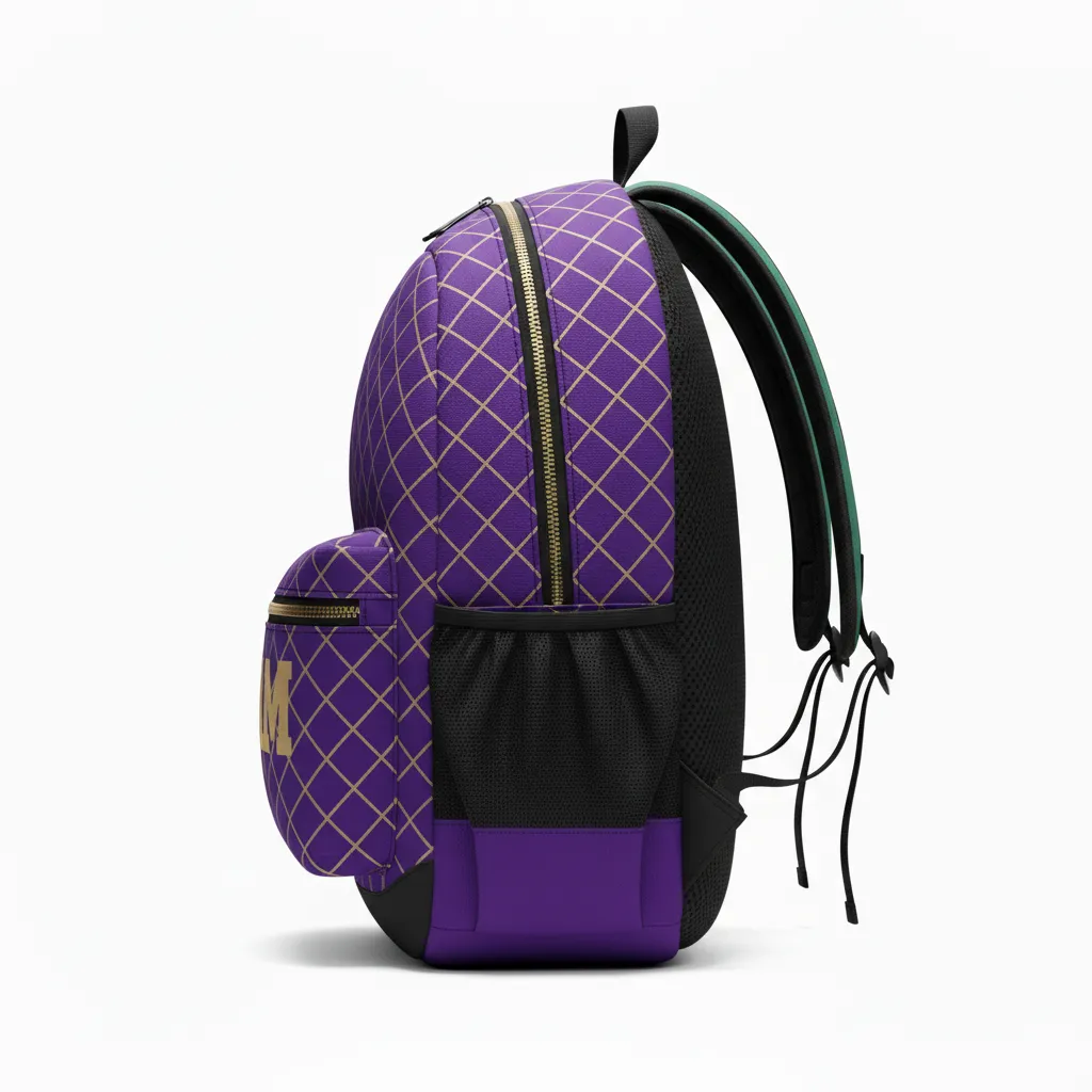 Custom Football Duffle Bag - Purple, Gold - Backpack Vegas Diamond Grid - Side View - HAMCO Sports Inc.