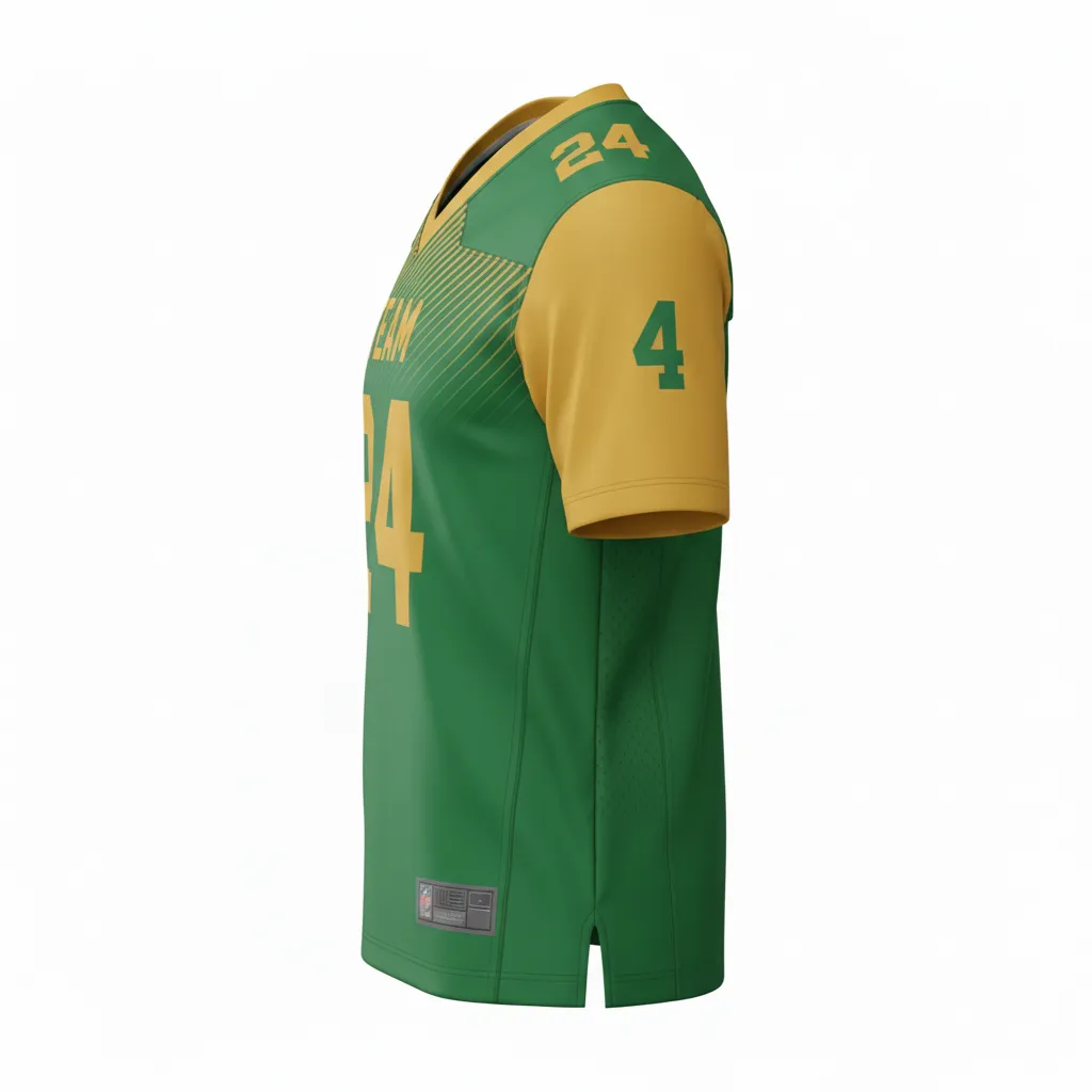 Custom Football Football Fan Jerseys - Green, Gold - Fan Jersey Kelly Vegas Shoulder Fade - Side View - HAMCO Sports Inc.