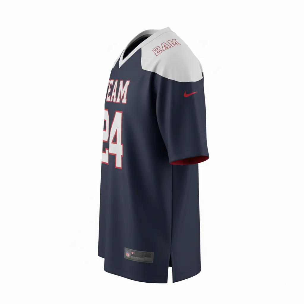 Custom Football Football Fan Jerseys - Navy, White - Fan Jersey Shoulder Yoke - Side View - HAMCO Sports Inc.