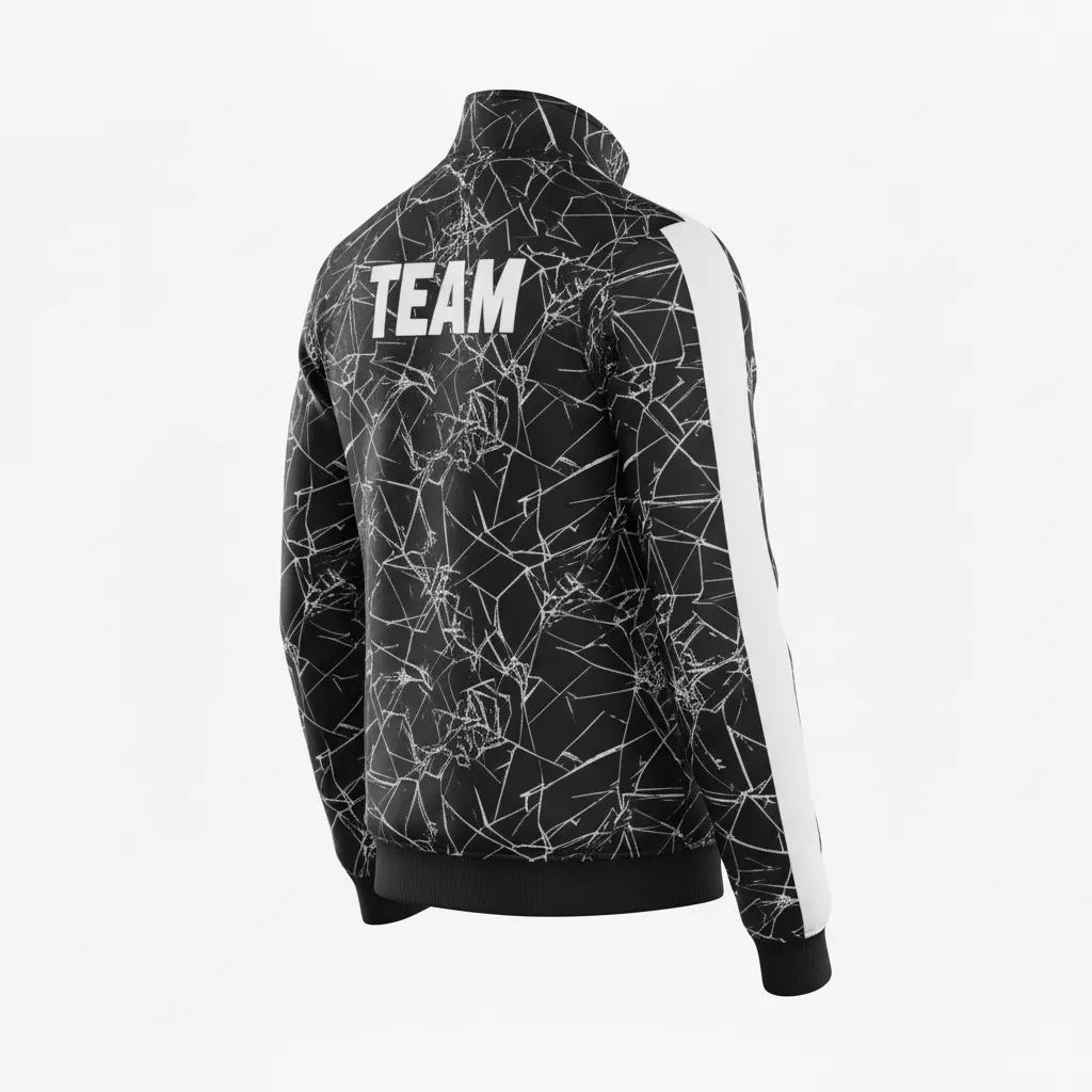 Custom Football Full Zip Hoodie - Black, White - Track Jacket Shattered Glass - Back View - HAMCO Sports Inc.