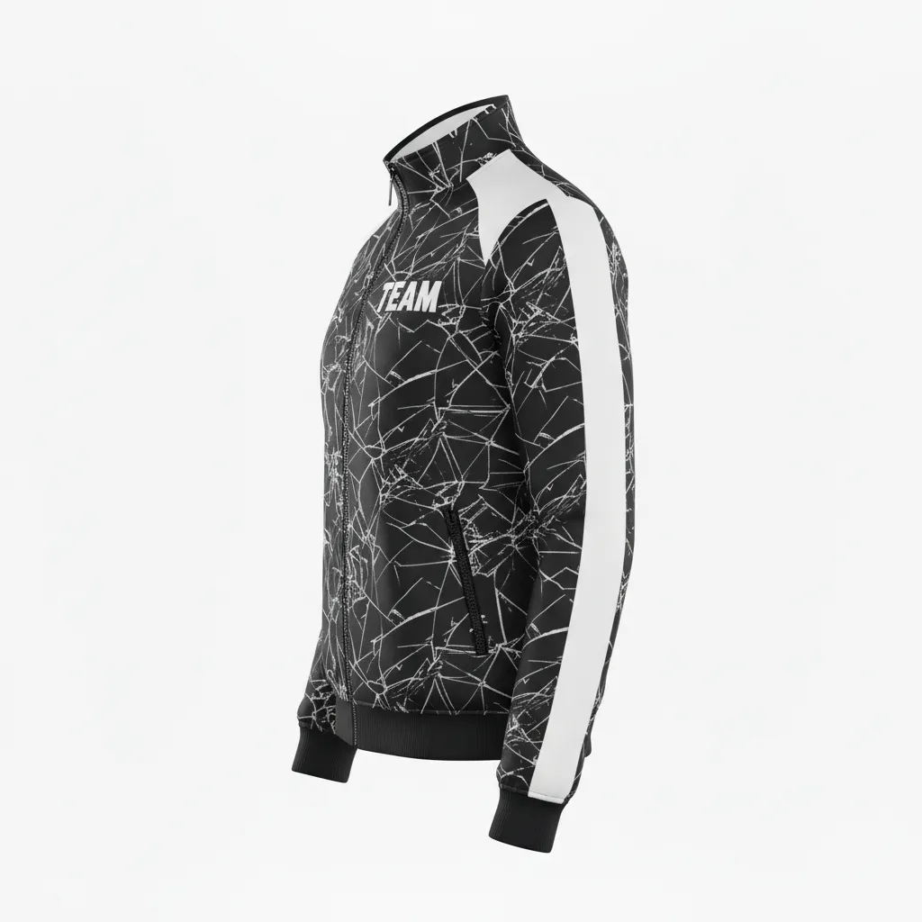 Custom Football Full Zip Hoodie - Black, White - Track Jacket Shattered Glass - Side View - HAMCO Sports Inc.