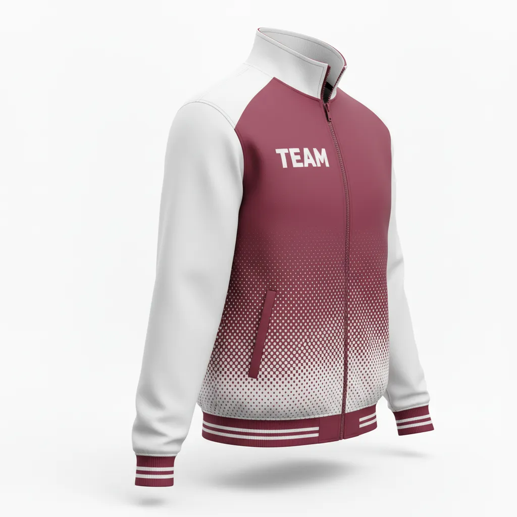 Custom Football Full Zip Hoodie - Burgundy, White - Track Jacket Halftone Dots - Front View - HAMCO Sports Inc.