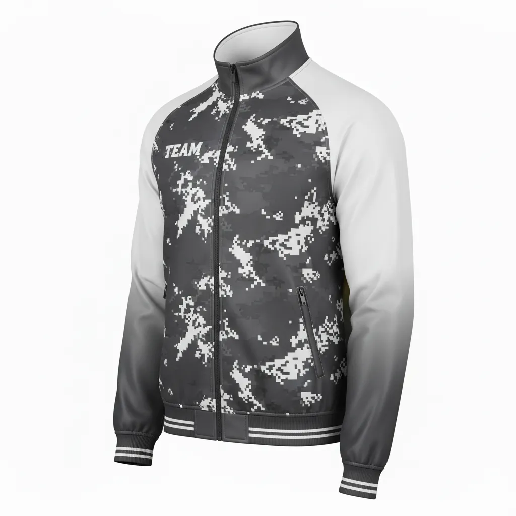 Custom Football Full Zip Hoodie - White - Track Jacket Charcoal Digital Camo - Front View - HAMCO Sports Inc.