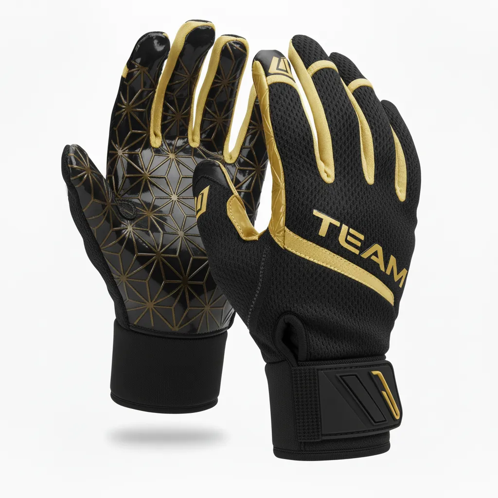 Custom Football Gloves - Black, Gold - Gloves Vegas Side Panel - Front View - HAMCO Sports Inc.