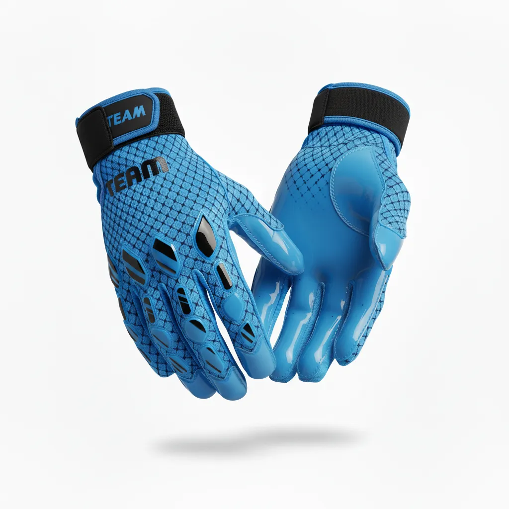 Custom Football Gloves - Blue, Navy - Gloves Columbia Hexagon - Front View - HAMCO Sports Inc.