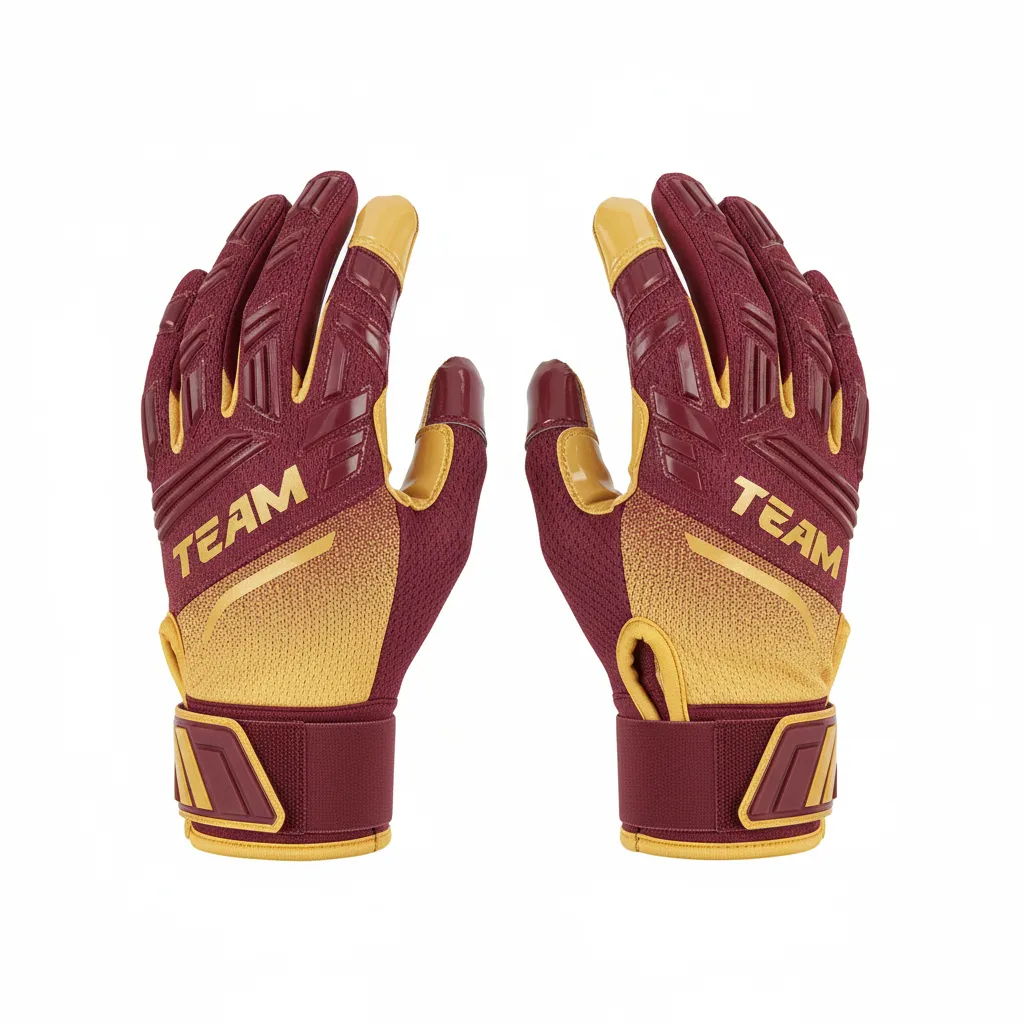 Custom Football Gloves - Gold - Gloves Maroon Vegas Gradient - Front View - HAMCO Sports Inc.