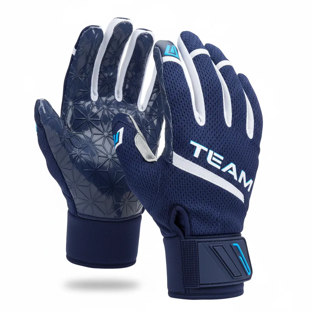 Custom Football Gloves - Navy, White - Gloves Shoulder Yoke - Front View - HAMCO Sports Inc.