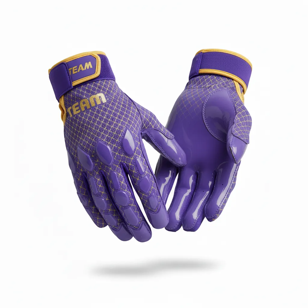 Custom Football Gloves - Purple, Gold - Gloves Vegas Diamond Grid - Back View - HAMCO Sports Inc.