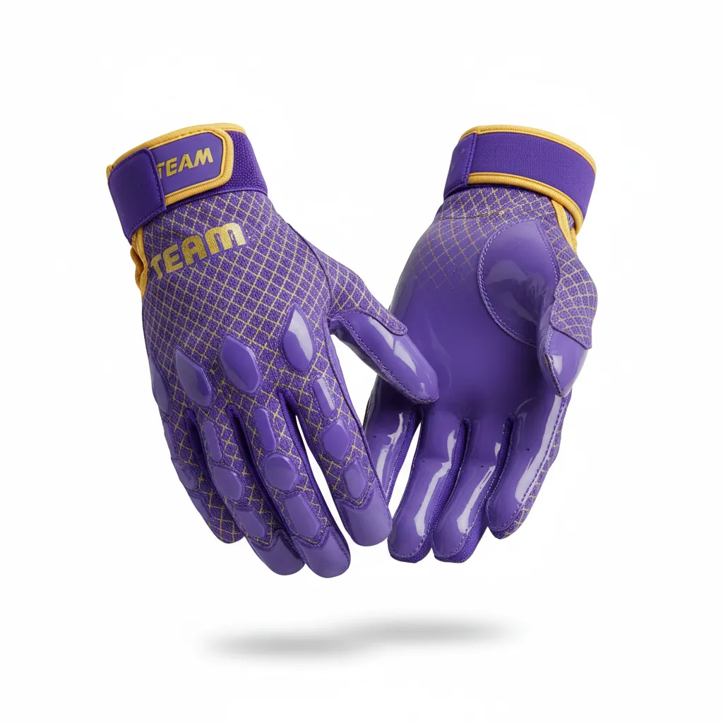 Custom Football Gloves - Purple, Gold - Gloves Vegas Diamond Grid - Front View - HAMCO Sports Inc.