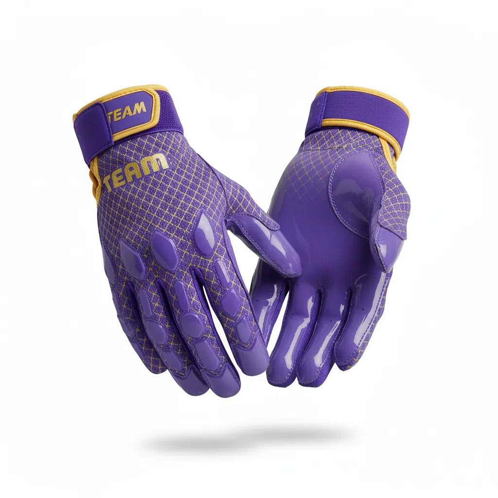 Custom Football Gloves - Purple, Gold - Gloves Vegas Diamond Grid - Side View - HAMCO Sports Inc.