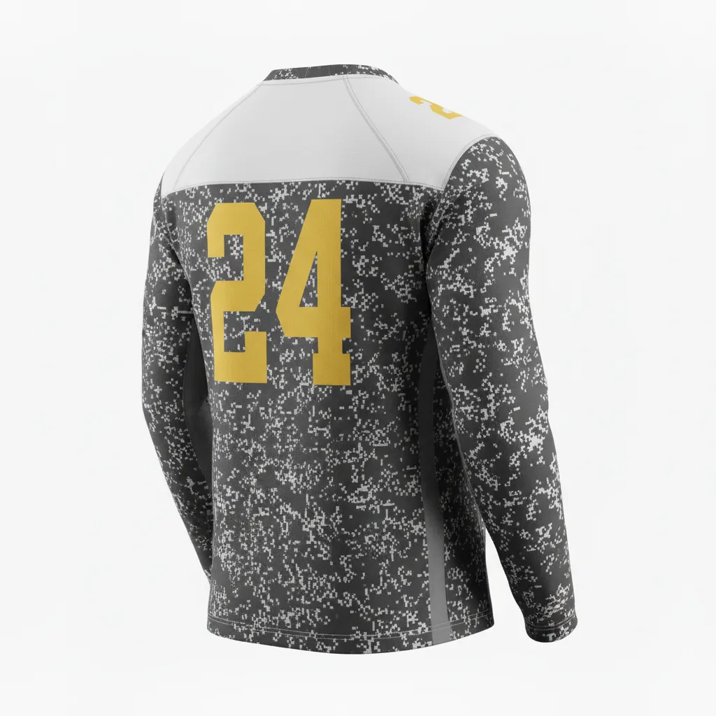Custom Football Long Sleeve T Shirt - White - Long Sleeve Charcoal Digital Camo - Back View - HAMCO Sports Inc.
