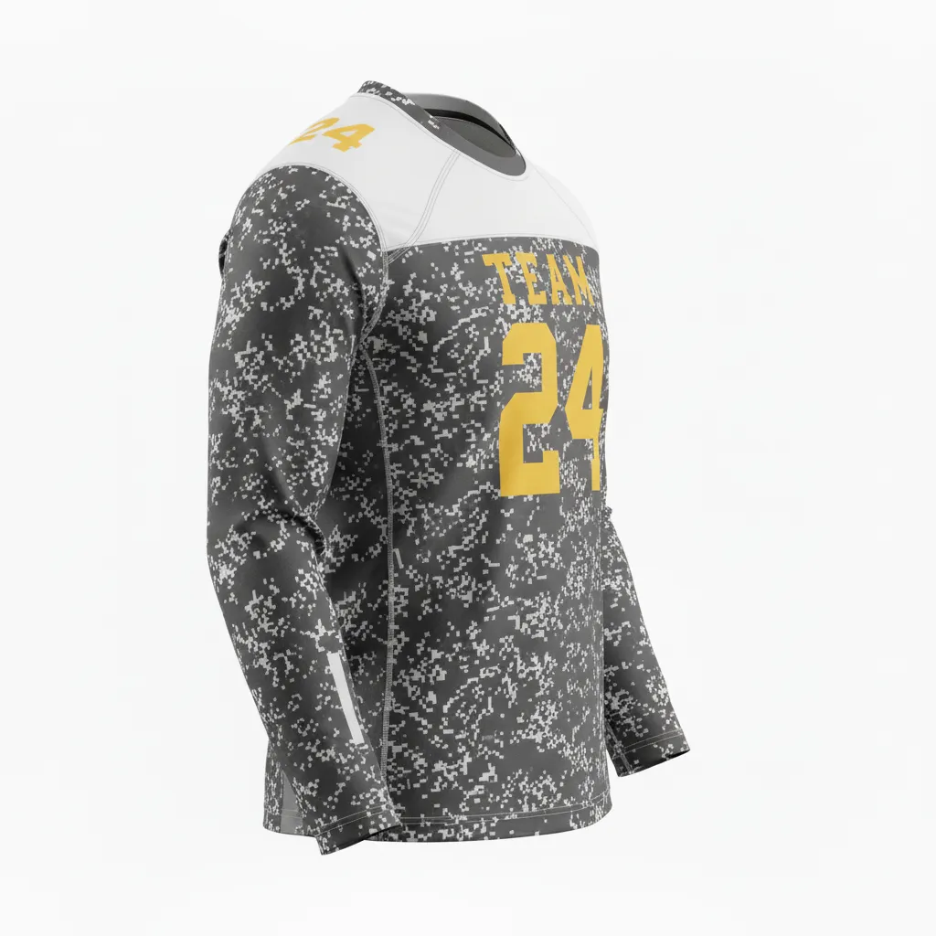 Custom Football Long Sleeve T Shirt - White - Long Sleeve Charcoal Digital Camo - Front View - HAMCO Sports Inc.