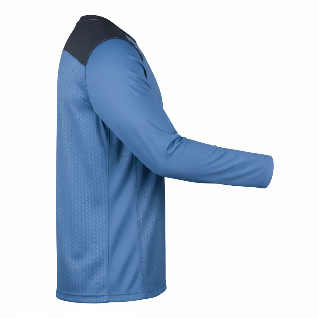 Custom Football Long Sleeve T Shirt - Blue, Navy - Long Sleeve Columbia Hexagon - Side View - HAMCO Sports Inc.