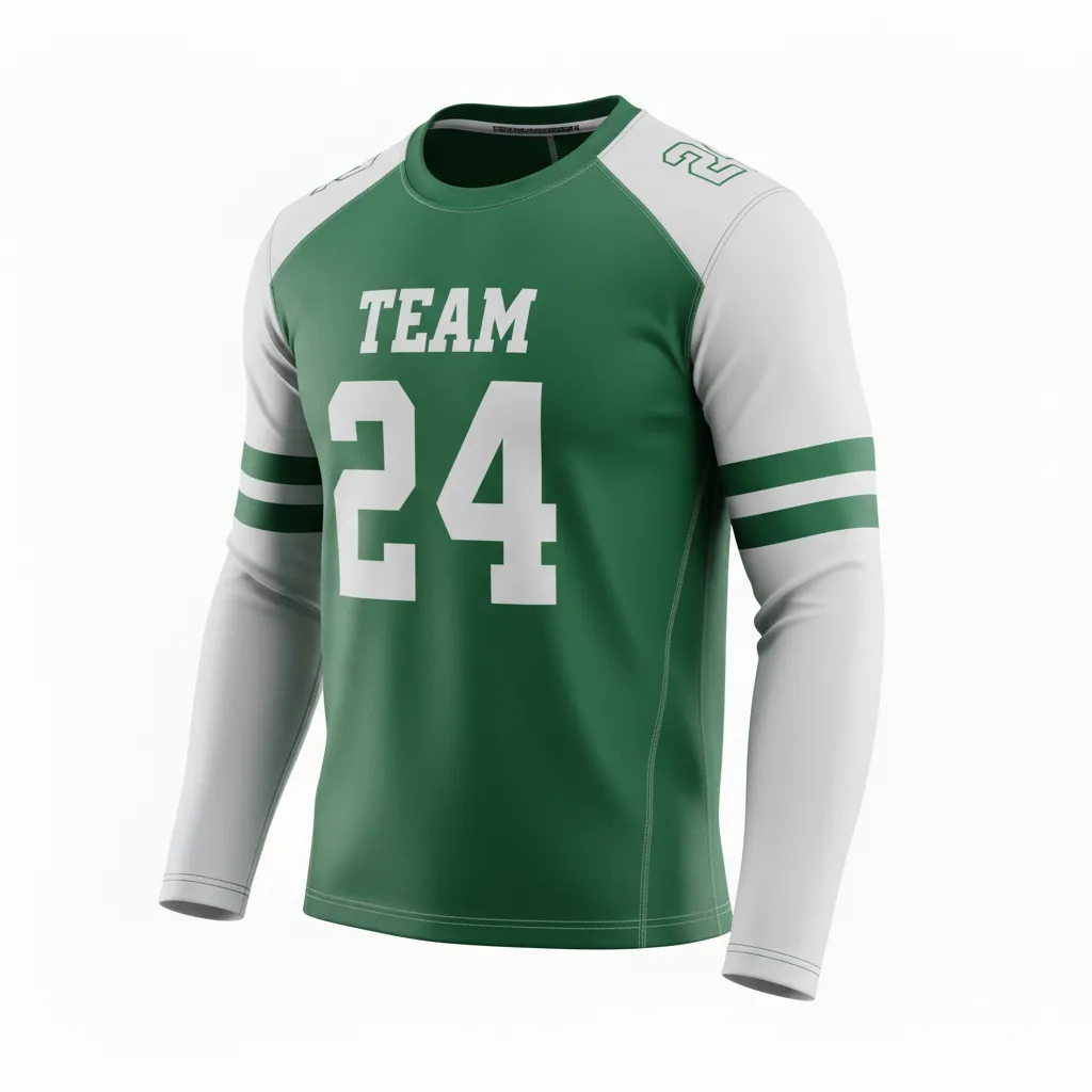 Custom Football Long Sleeve T Shirt - Green, White - Long Sleeve Forest Triple Stripe - Front View - HAMCO Sports Inc.
