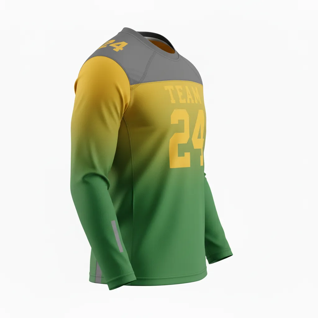Custom Football Long Sleeve T Shirt - Green, Gold - Long Sleeve Kelly Vegas Shoulder Fade - Back View - HAMCO Sports Inc.