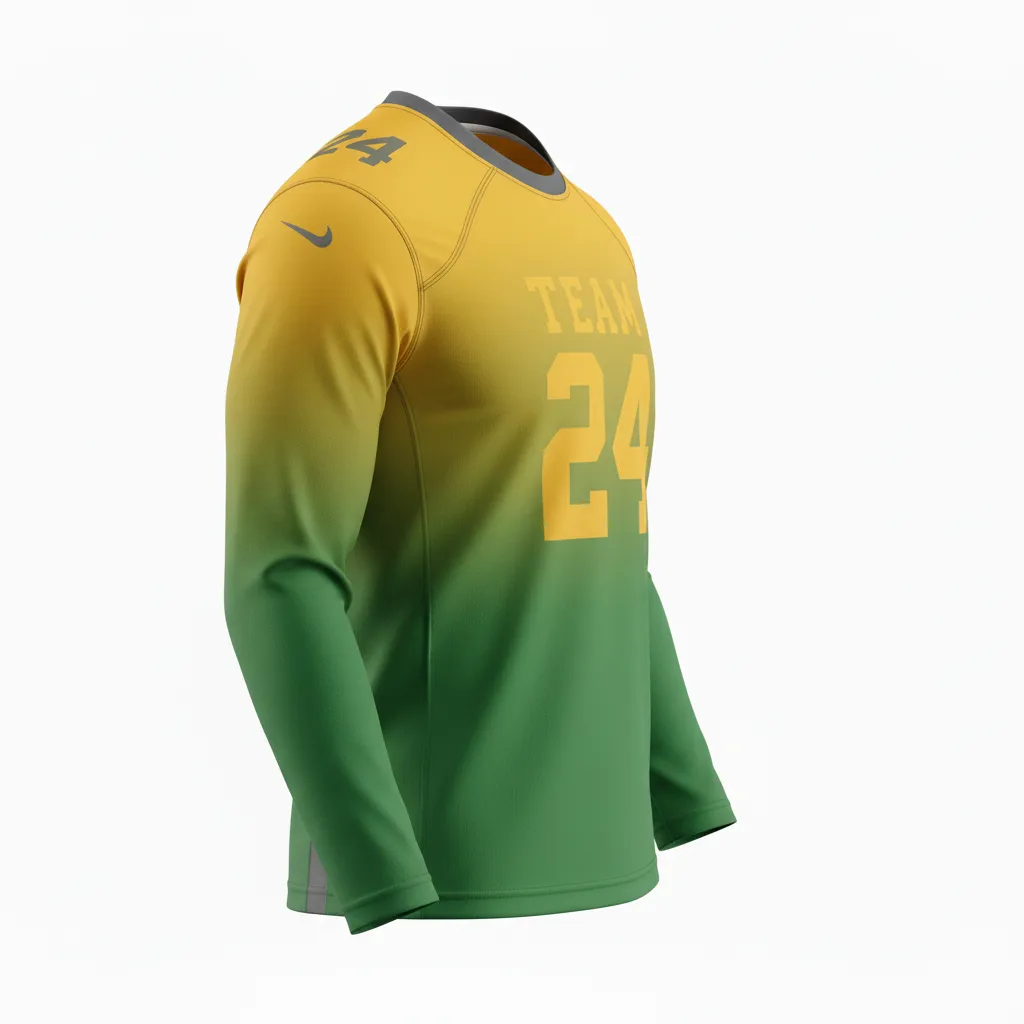 Custom Football Long Sleeve T Shirt - Green, Gold - Long Sleeve Kelly Vegas Shoulder Fade - Side View - HAMCO Sports Inc.