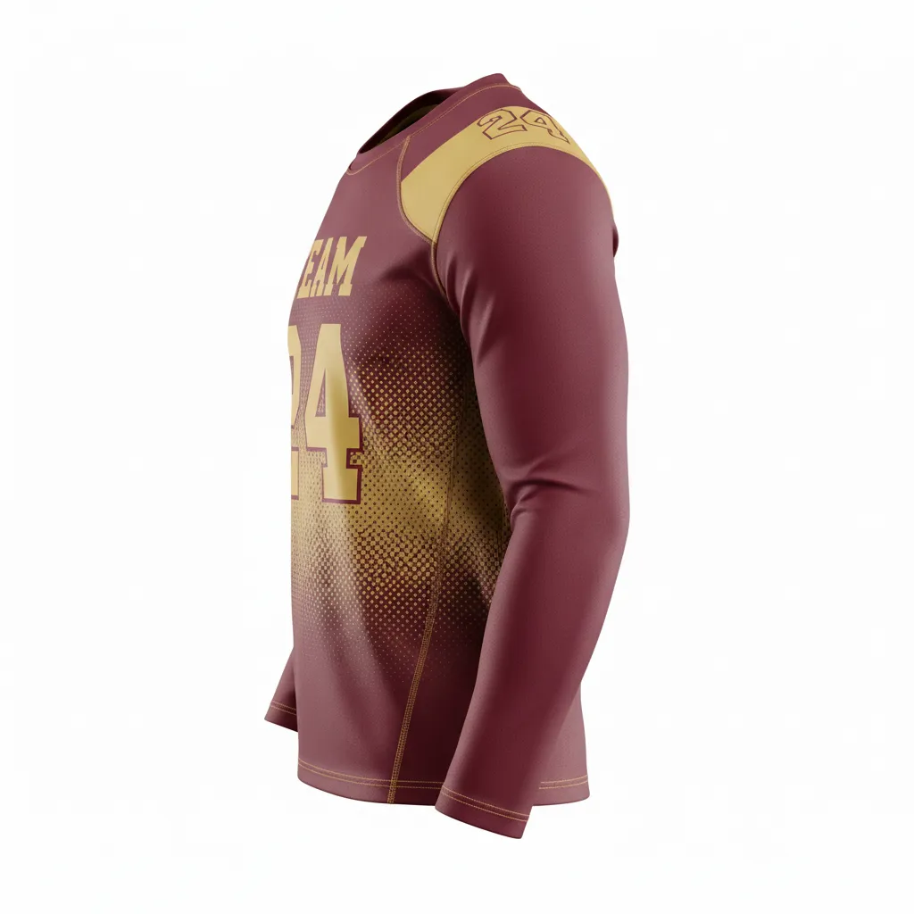 Custom Football Long Sleeve T Shirt - Gold - Long Sleeve Maroon Vegas Gradient - Side View - HAMCO Sports Inc.