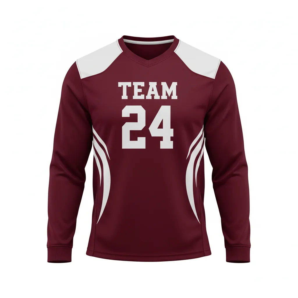 Custom Football Long Sleeve T Shirt - White - Long Sleeve Maroon Abstract Swoosh - Front View - HAMCO Sports Inc.