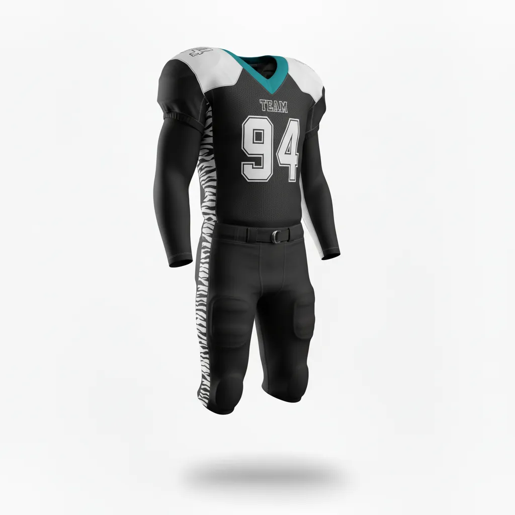 Custom Football Professional Away Football Uniforms - Black, White - Uniform Tiger Stripe - Back View - HAMCO Sports Inc.